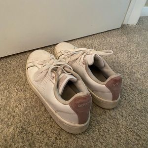 Women’s Adidas Shoes. Mostly white with a pink detailing. Size 8.5.